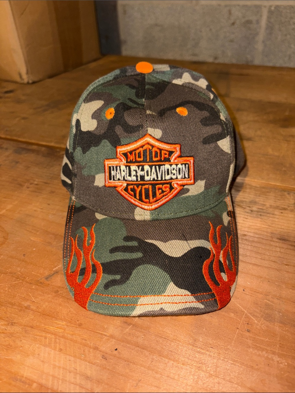 Harley-Davidson Camo Baseball Hat with Orange Flame Embroidery